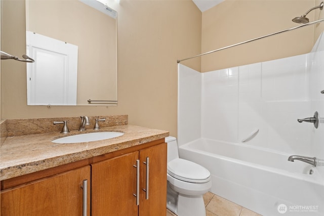 full bathroom featuring shower / washtub combination, tile patterned flooring, vanity, and toilet