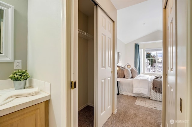 bathroom with lofted ceiling and vanity