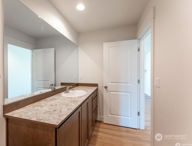 bathroom with vanity and wood-type flooring