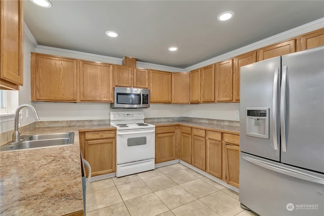 kitchen with crown molding, appliances with stainless steel finishes, sink, and light tile patterned flooring