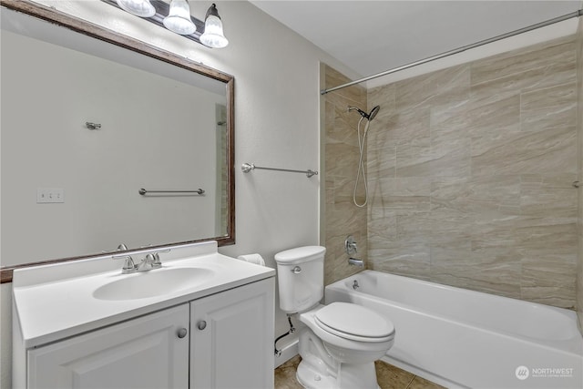 full bathroom with tiled shower / bath combo, vanity, tile patterned flooring, and toilet