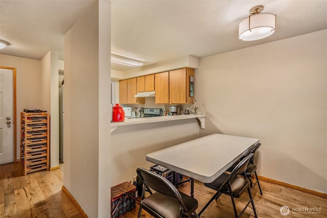 kitchen with stainless steel electric range oven, kitchen peninsula, light hardwood / wood-style floors, and a textured ceiling