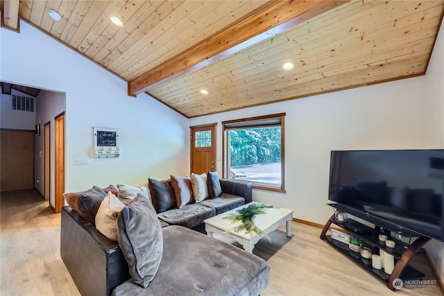 living room with lofted ceiling with beams, light wood-type flooring, and wood ceiling