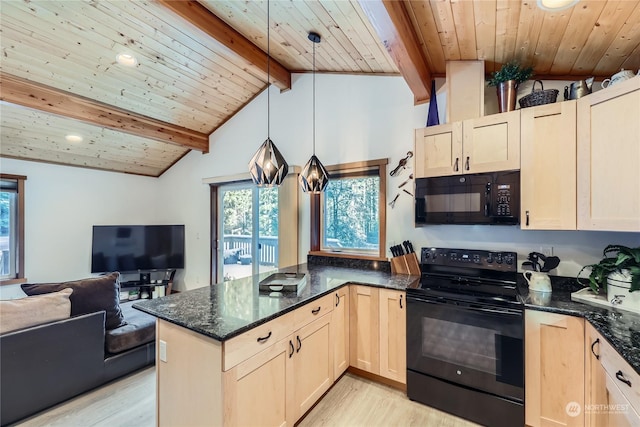 kitchen with vaulted ceiling with beams, wood ceiling, decorative light fixtures, light wood-type flooring, and black appliances