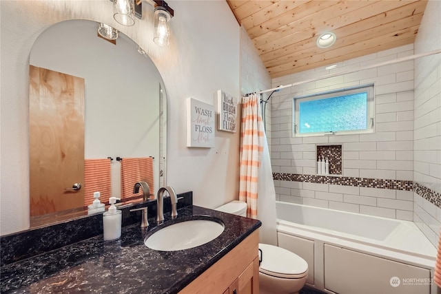 full bathroom featuring shower / bath combination with curtain, wood ceiling, toilet, and vanity