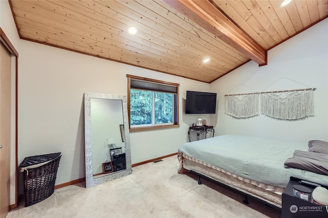 carpeted bedroom with wood ceiling, ornamental molding, and lofted ceiling with beams