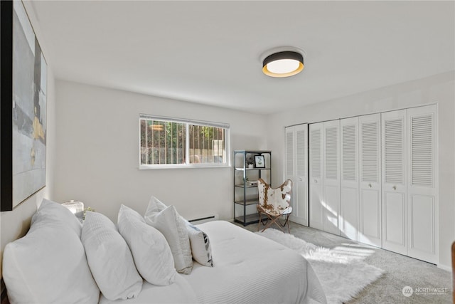 carpeted bedroom with baseboard heating and a closet