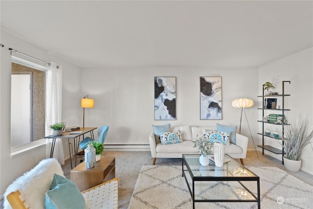 living room featuring a baseboard radiator and light colored carpet