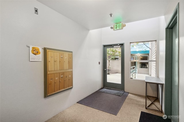 entryway with light carpet and a mail area