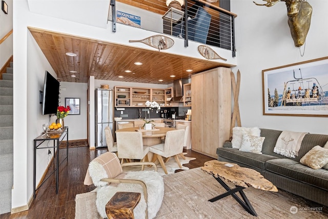 living room featuring dark hardwood / wood-style flooring and wooden ceiling