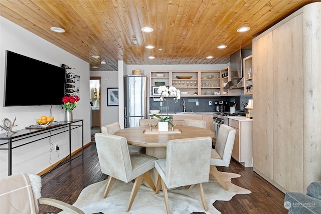 dining space with dark hardwood / wood-style flooring, sink, and wood ceiling