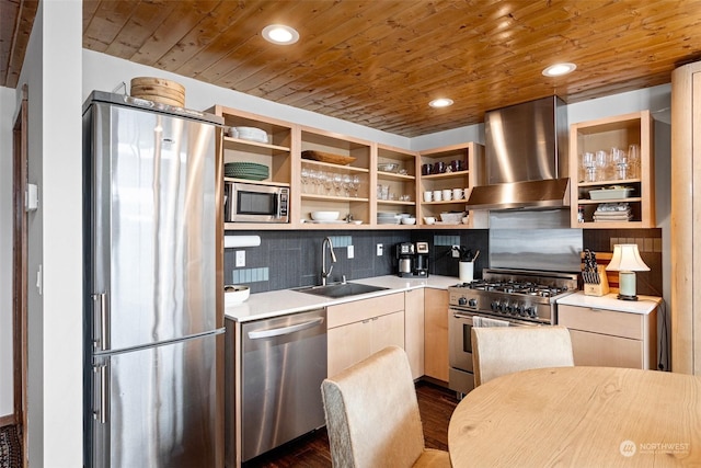 kitchen featuring wall chimney exhaust hood, sink, wooden ceiling, stainless steel appliances, and backsplash