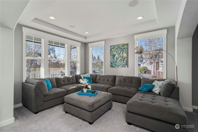 carpeted living room featuring a raised ceiling