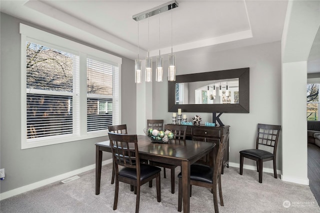 carpeted dining room featuring a tray ceiling