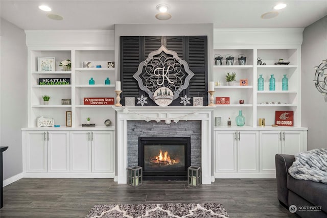 sitting room featuring dark wood-type flooring and a stone fireplace