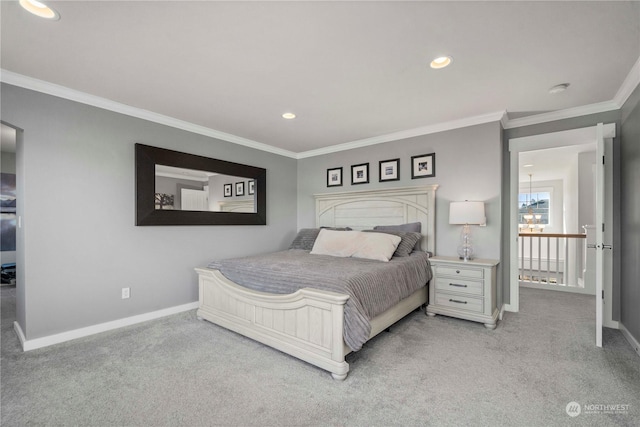 bedroom with light colored carpet and ornamental molding