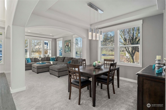 dining space featuring a chandelier, a raised ceiling, and light carpet