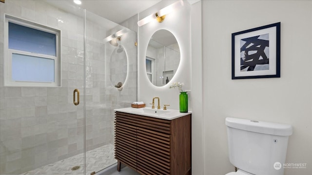 bathroom with vanity, a shower with door, and toilet