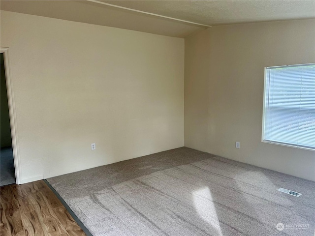 unfurnished room with lofted ceiling and dark wood-type flooring