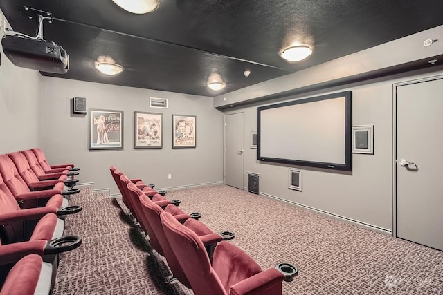 cinema with carpet floors and a textured ceiling