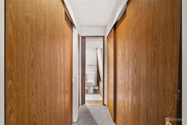 corridor featuring carpet floors and a textured ceiling