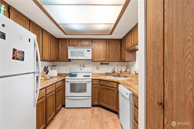 kitchen featuring sink, white appliances, and light wood-type flooring