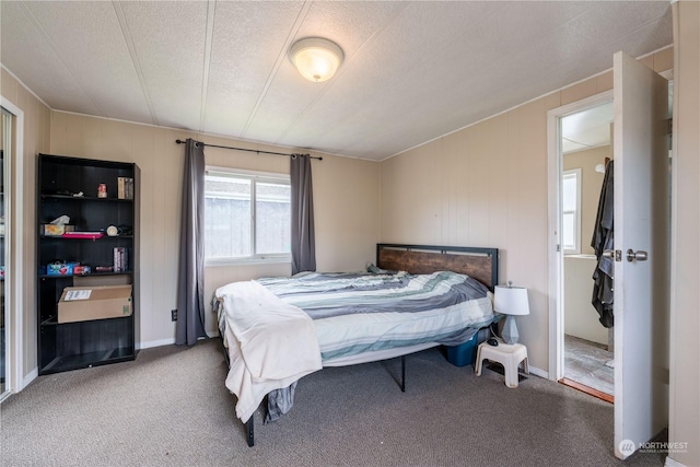 carpeted bedroom with a textured ceiling