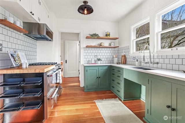 kitchen with wood counters, sink, green cabinetry, light hardwood / wood-style flooring, and decorative backsplash