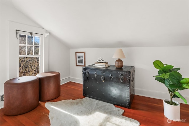 sitting room featuring lofted ceiling and dark hardwood / wood-style flooring