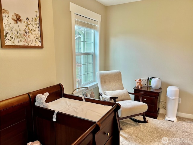 sitting room with light carpet and baseboards