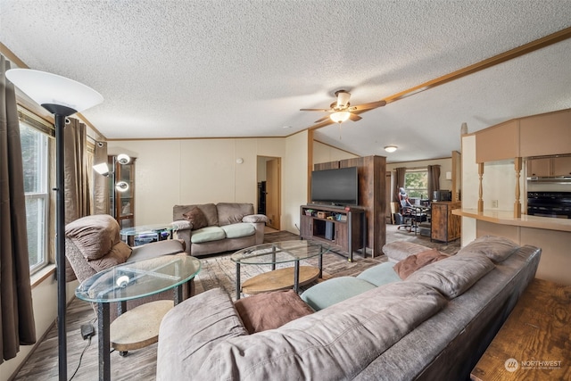 living room featuring hardwood / wood-style flooring, vaulted ceiling, a textured ceiling, and ceiling fan