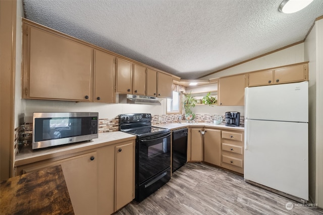 kitchen with backsplash, black appliances, light hardwood / wood-style floors, a textured ceiling, and vaulted ceiling