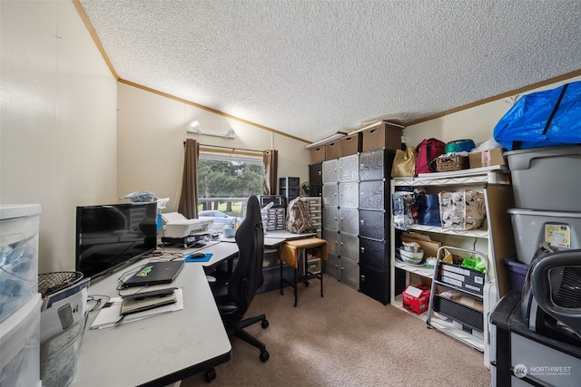 carpeted home office featuring crown molding, vaulted ceiling, and a textured ceiling