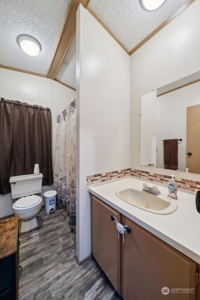 bathroom featuring toilet, tasteful backsplash, a textured ceiling, vanity, and hardwood / wood-style floors