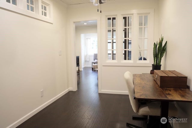 hallway featuring ceiling fan and dark hardwood / wood-style floors