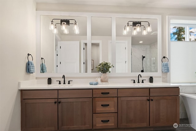 bathroom featuring independent shower and bath and vanity