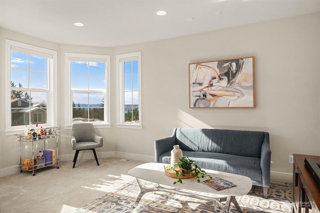 sitting room with a healthy amount of sunlight and light carpet