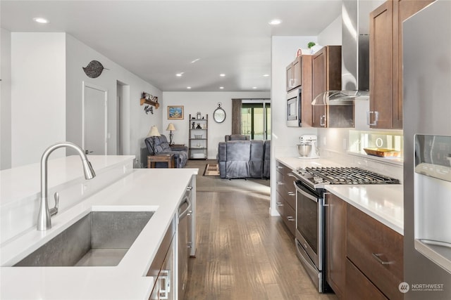 kitchen with wall chimney exhaust hood, appliances with stainless steel finishes, sink, and hardwood / wood-style floors