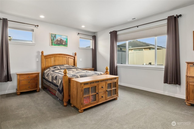 bedroom with multiple windows and dark colored carpet