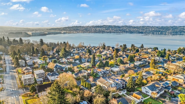 drone / aerial view featuring a water view