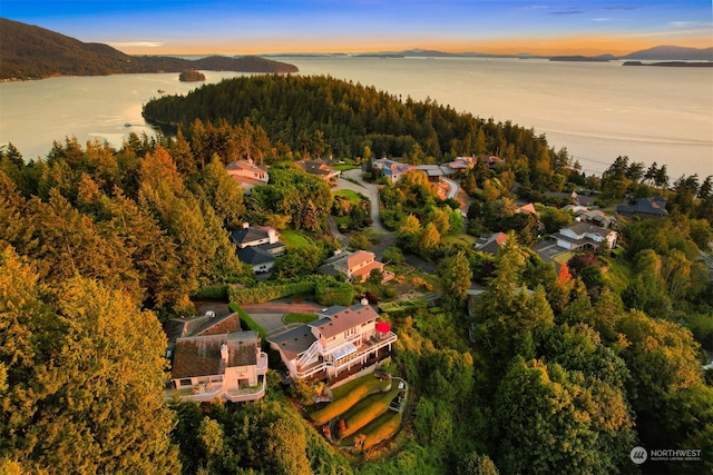 aerial view at dusk with a water view