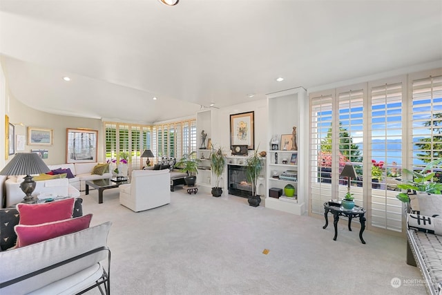 living room featuring light carpet