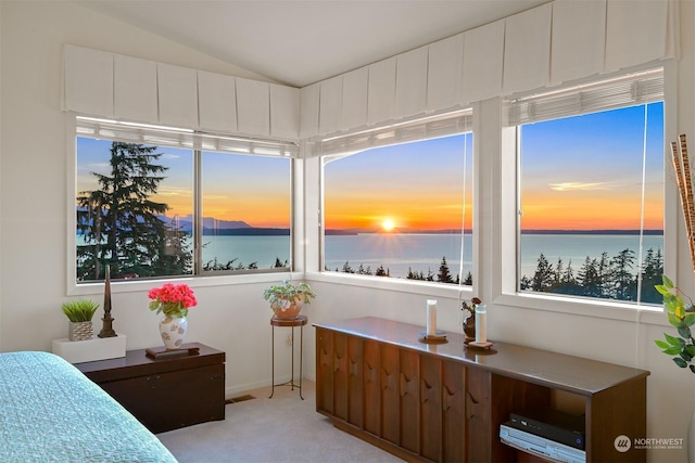 bedroom featuring a water view, vaulted ceiling, multiple windows, and light colored carpet