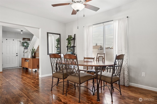 dining room featuring dark wood-type flooring and ceiling fan