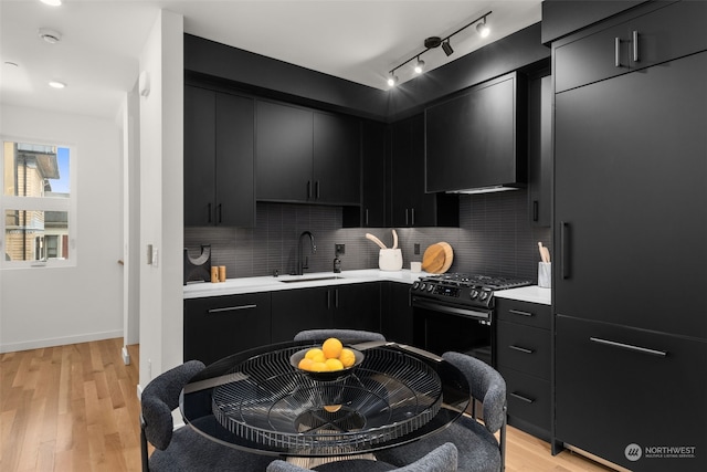 kitchen featuring tasteful backsplash, sink, light hardwood / wood-style flooring, and stainless steel gas stove