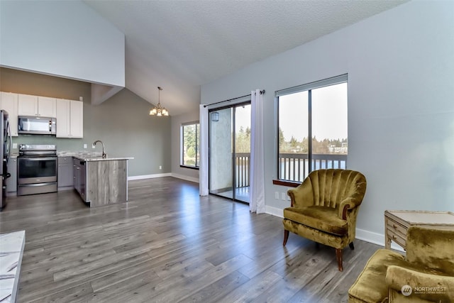 kitchen with a peninsula, appliances with stainless steel finishes, open floor plan, and a chandelier