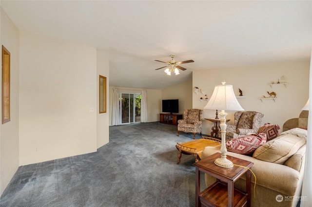 carpeted living room featuring vaulted ceiling and ceiling fan