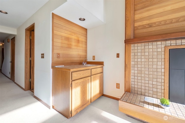 interior space featuring sink and light carpet