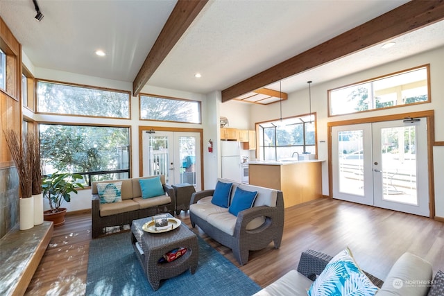 living room with beamed ceiling, wood-type flooring, a wealth of natural light, and french doors