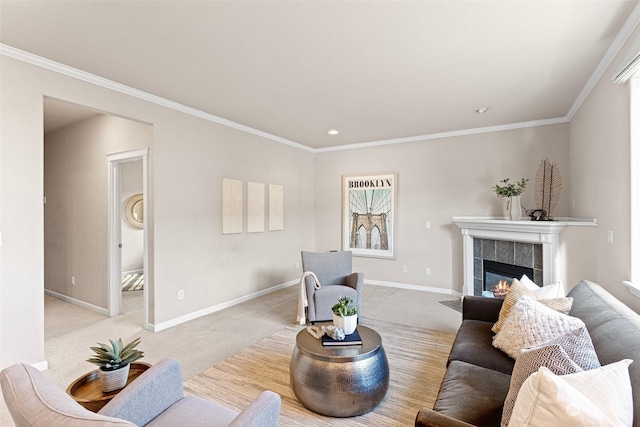 living room with ornamental molding, a fireplace, and light colored carpet